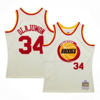 Maillot Houston Rockets Hakeem Olajuwon NO 32 Mitchell & Ness Chainstitch Creme