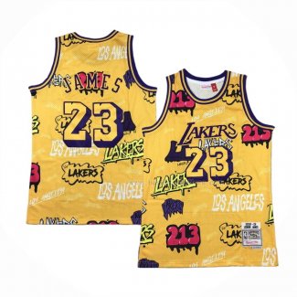 Maillot Los Angeles Lakers LeBron James NO 23 Slap Sticker Mitchell & Ness 2018-19 Jaune